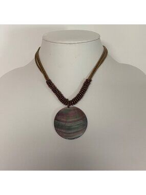 Lia Sophia Corded Bronze Beaded Necklace Abalone Shell Pendant Boho Beachy